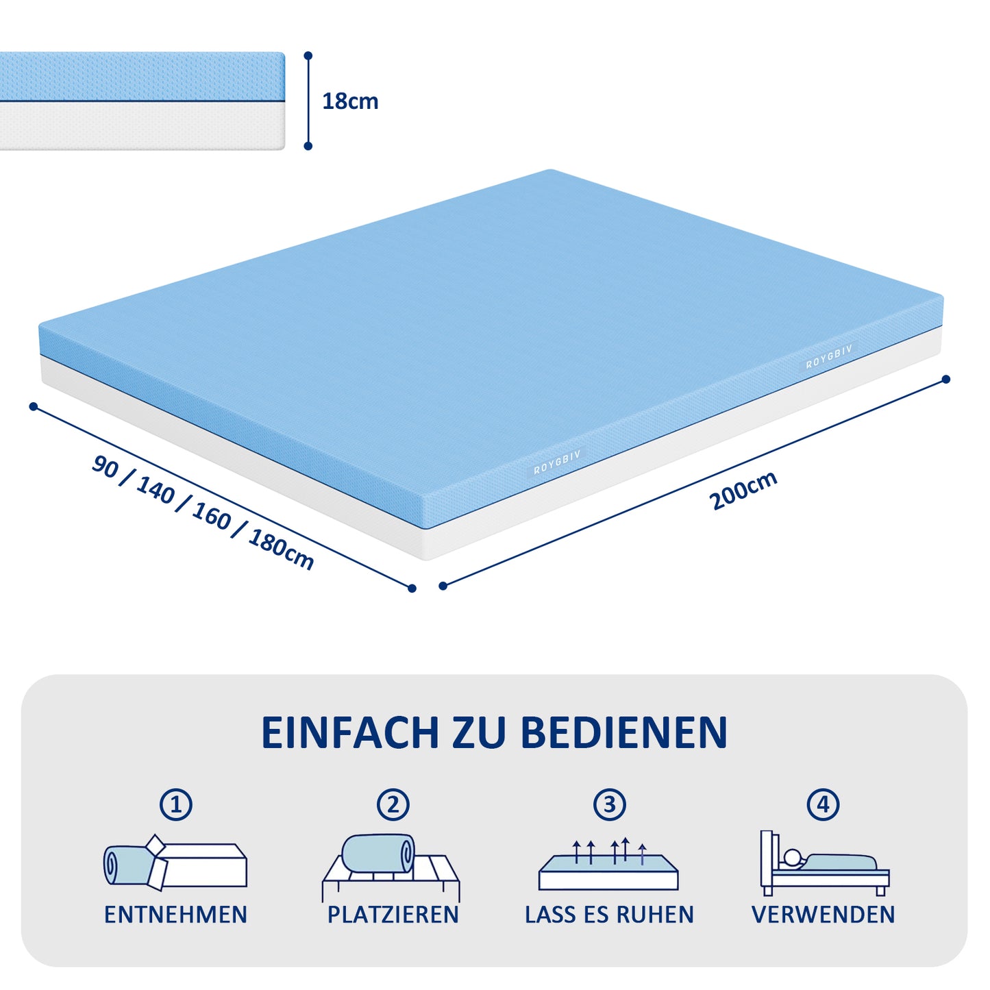 Komfortschaummatratze 18 cm, wendbarer Memory-Schaum, kühlender Bezug | Härte H3/H4 7-Zonen-Unterstützung