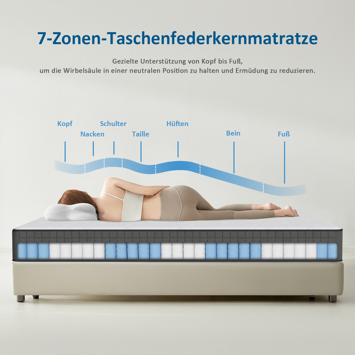 Taschenfederkernmatratze 25cm H3 - 7-Zonen mit Diatomenschaum &amp; orthopädischem Support