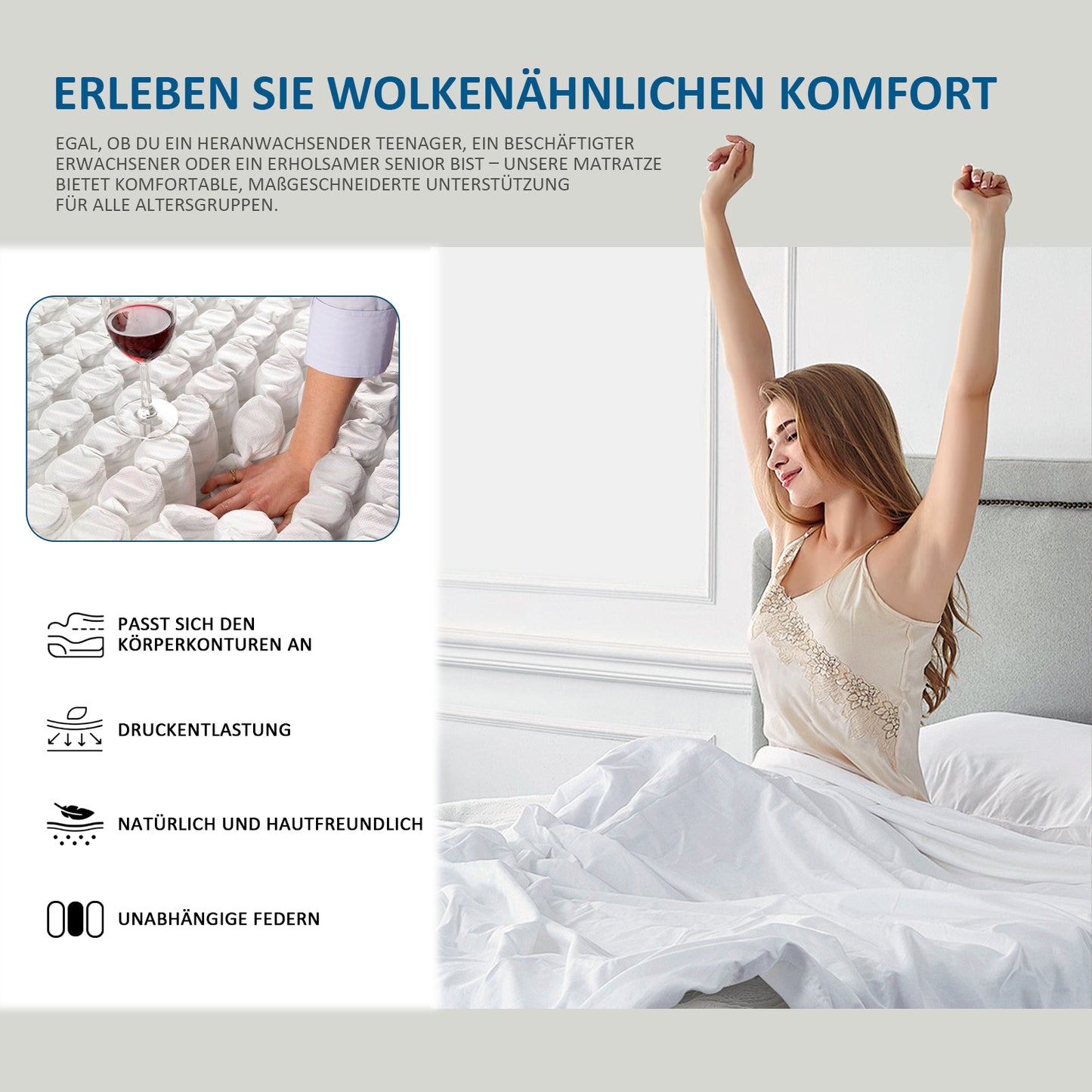 Taschenfederkernmatratze 25cm H3 - 7-Zonen mit Diatomenschaum &amp; orthopädischem Support